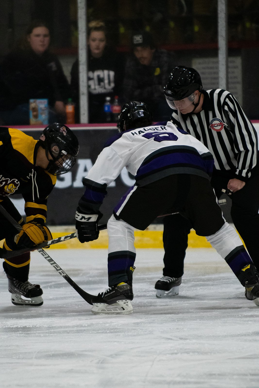 Derwin Hauser lining up for a faceoff against an Arizona State center
