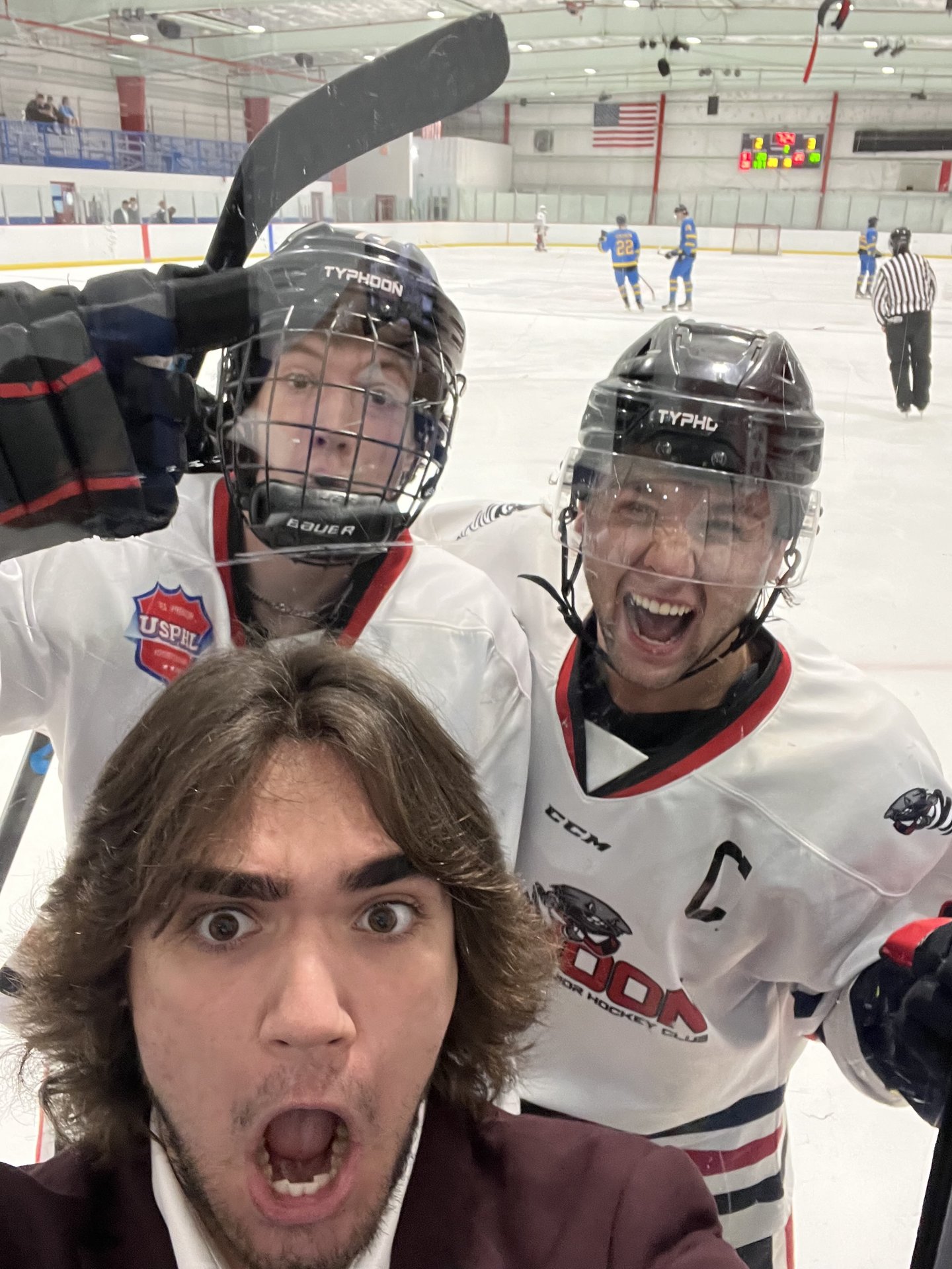 Derwin Hauser hockey selfie on ice after scoring a goal