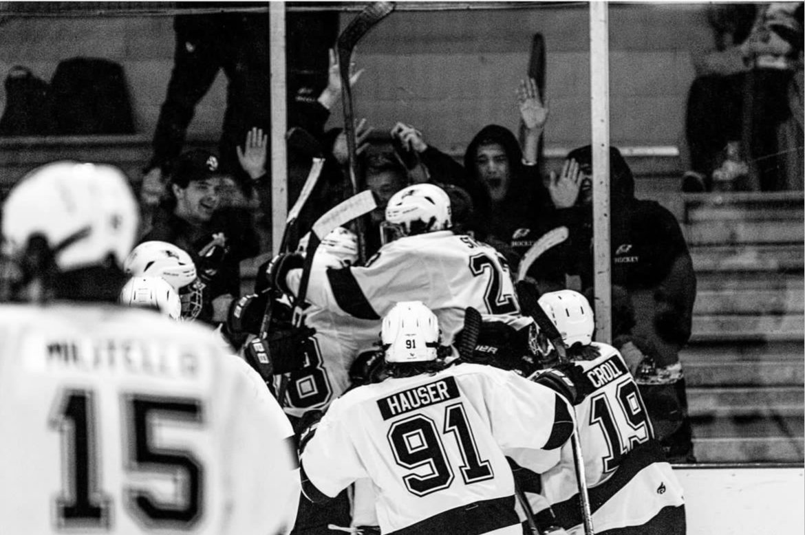 hockey team celebrating win along the boards